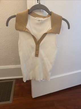 Grey Lab Ribbed Sleeveless Polo Tank Top - Cream with Tan Collar S